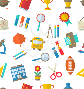Illustration Seamless Texture with School Colorful Simple Icons - Vector