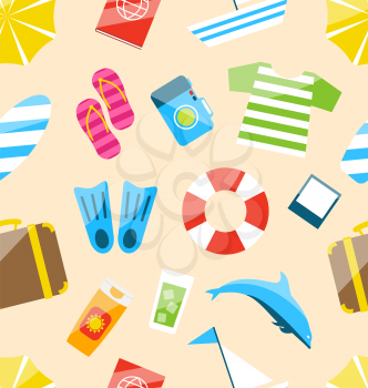 Illustration Beach Seamless Wallpaper with Tourism Objects and Equipments, Colorful Simple Icons - Vector