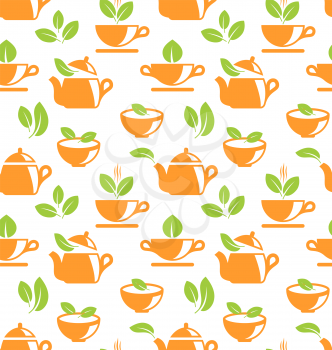 Illustration Seamless Pattern with Teapots and Teacups with Herbal Tea - Vector