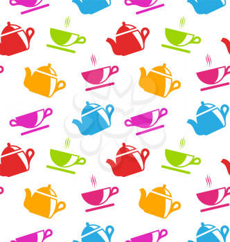 Illustration Seamless Texture with Teapots and Teacups, Colorful Wallpaper  - Vector