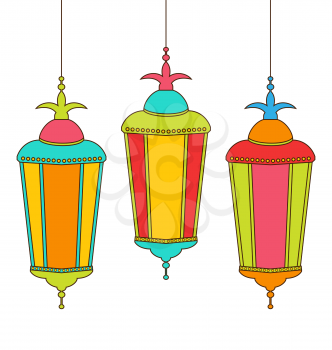 Illustration Colorful Arabic Lamps for Ramadan Kareem, Isolated on White Background - Vector