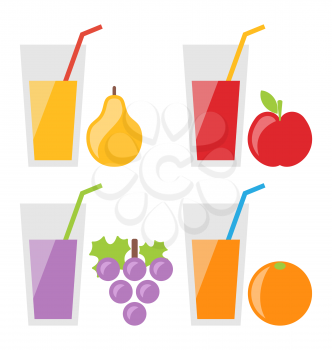 Illustration Set of Fresh Fruit Juices: Pear Juice, Juice Apple, Juice Grapes, Orange Juice. Isolated on White Background - Vector