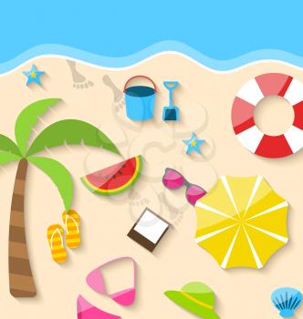 Illustration Summer Time Background, Flat Colorful Icons on the Beach - vector