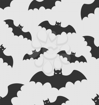 Illustration Seamless Pattern with Black Silhouettes of Bats, Halloween Wallpaper - Vector