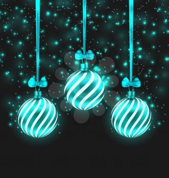 Illustration Christmas Dark Shimmering Background with Turquoise Glassy Balls - Vector