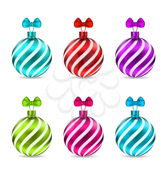 Illustration Set Glassy Colorful Stripped Balls for Merry Christmas, Isolated on White Background  - Vector