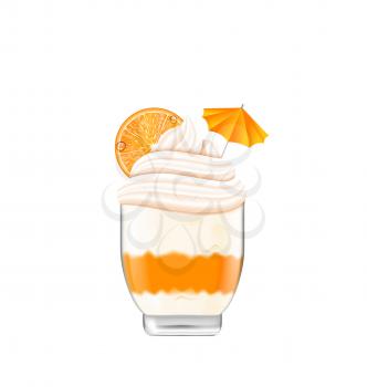 Illustration Icecream with Whipped Cream with Slice of Orange and Umbrella in Bowl, Isolated on White Background, Realistic Dessert - Vector