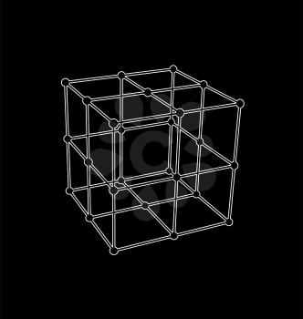 Wireframe mesh polygonal element Cube with connected offset lines and dots - vector