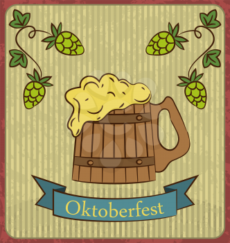 Oktoberfest Banner Wooden Mug Beer with Foam and Hops Branch old style Vintage Background - vector