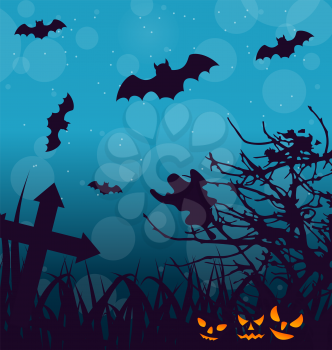 Illustration Halloween Outdoor Background with Scary Pumpkins - Vector