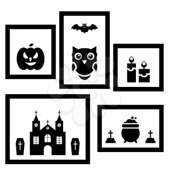 Illustration Frames with Halloween Traditional Symbols, Isolated on White Background  - Vector