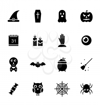 Illustration Halloween Traditional Icons, Black Silhouettes Isolated on White Background - Vector