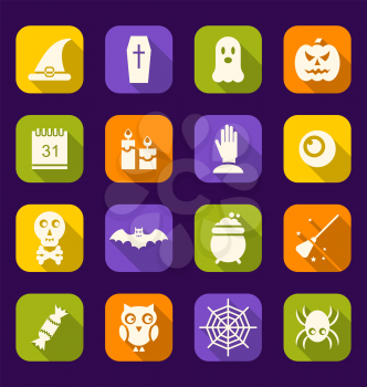 Illustration Halloween Flat Icons with Long Shadows - Vector