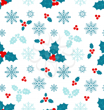 Illustration Seamless Pattern with Christmas Holly Berry and Snowflakes - vector