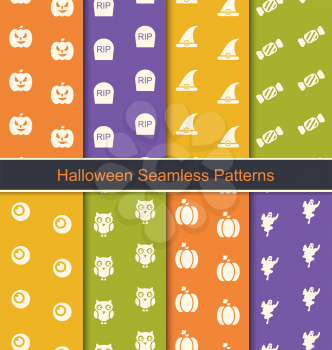 Illustration Set Seamless Abstract Patterns with Halloween Symbols - Vector