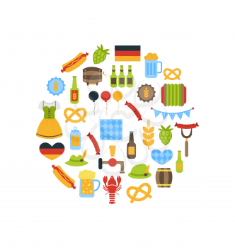 Illustration Oktoberfest Colorful Symbols in Round Frame, Isolated on White Background - Vector
