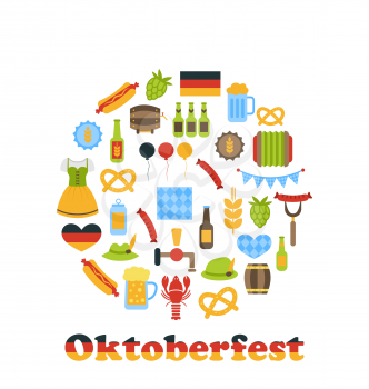 Illustration Oktoberfest Colorful Symbols in Round Frame, Isolated on White Background - Vector