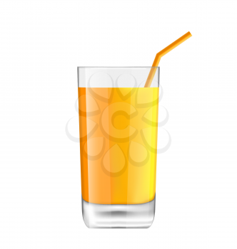 Illustration Orange Juice in Glass with Bend Straw, Isolated on White Background, Realistic Beverage - Vector