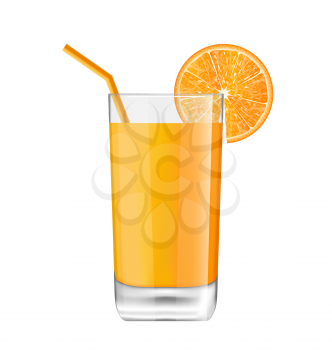 Illustration Summer Cool Cocktail in Glass with Slice of Orange Fruit and Bend Straw, Isolated on White Background - Vector