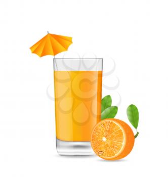 Illustration Orange Cool Cocktail with Umbrella and Half of Fruit, Isolated on White Background - Vector