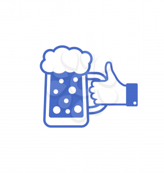 Illustration Icon of Blue Thumb Up with Mug of Beer, Isolated on White Background - Vector