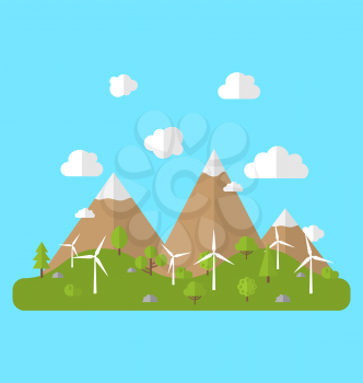 Illustration Environment with Wind Generators, Green Valley, Trees, Mountain, Blue Sky. Concept of Alternative Energy Sources - Vector