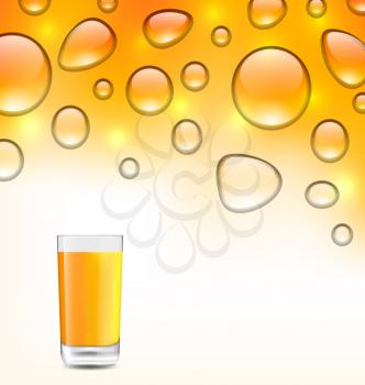 Illustration Clean Water Droplets with Orange Juice with Glass, Orange Background - Vector