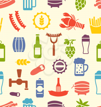 Illustration Seamless Texture with Colorful Icons of Beers and Snacks, Food Wallpaper - Vector