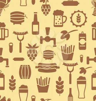 Illustration Seamless Pattern with Icons of Beers and Snacks, Old Food Wallpaper - Vector
