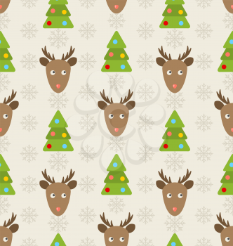 Illustration Christmas Seamless Pattern with Deers Fir Trees and Snowflakes, Holiday Wallpaper - Vector