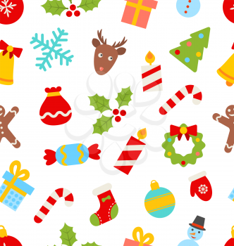 Illustration Seamless Pattern with Christmas Traditional Symbols, Holiday Texture, Minimalism Style - Vector