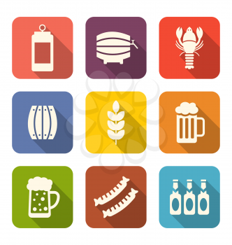 Illustration Collection Minimal Icons of Beers and Snacks, Long Shadows Style - Vector