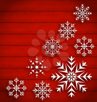 Illustration Set Abstract Different Snowflakes on Wooden Texture - Vector