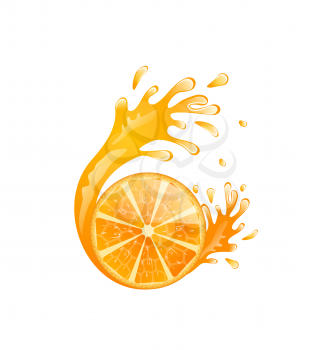 Illustration Slice of Orange with Splash, Isolated on White Background - Vector