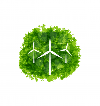 Illustration Set Wind Turbines on Grunge Green Background - Vector