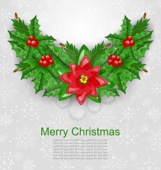 Illustration Christmas Decoration with Holly Berry, Pine and Poinsettia - Vector