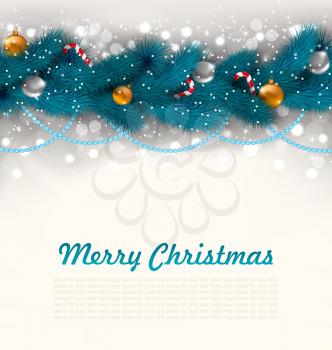 Illustration Merry Christmas Background with Fir Branches, Glass Balls and Sweet Canes - Vector
