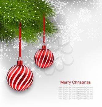 Illustration Christmas Background with Hanging Red Glass Balls and Fir Branches - vector