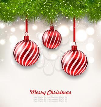 Illustration Christmas Background with Glass Hanging Balls and Fir Twigs - Vector
