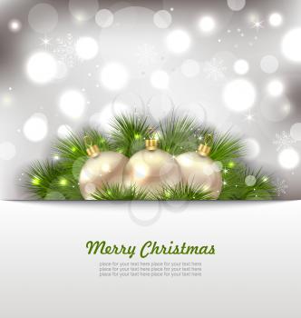 Illustration Merry Christmas Card with Fir Twigs and Golden Balls - Vector