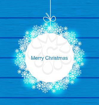 Illustration Christmas Round Frame Made in Snowflakes on Blue Wooden Background - vector