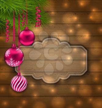 Illustration Christmas Label with Balls and Fir Twigs on Wooden Texture with Light - vector
