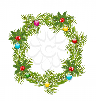 Illustration Christmas Wreath with Holly Berries and Colorful Balls Isolated on White Background - Vector