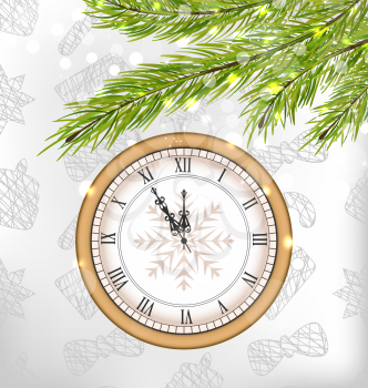 Illustration New Year Midnight Background with Clock and Fir Twigs  - Vector