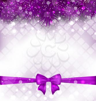 Illustration Light Background with Purple Fir Branches and Bow Ribbon - Vector