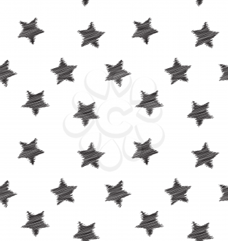 Seamless hand drawing star pattern black on white backdrop - vector