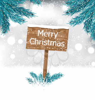 Illustration Christmas Background with Snow Covered Wooden Billboard with Fir Twigs - Vector