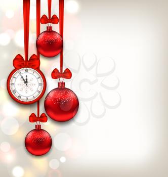 Illustration New Year Shimmering Background with Clock and Glass Balls - Vector