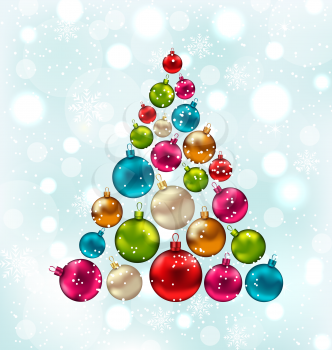 Illustration Christmas Abstract Tree Made in Colorful Balls, Snowing Background - Vector