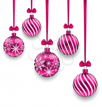Illustration Christmas Pink Glassy Balls with Bow Ribbon, Isolated on White Background - Vector